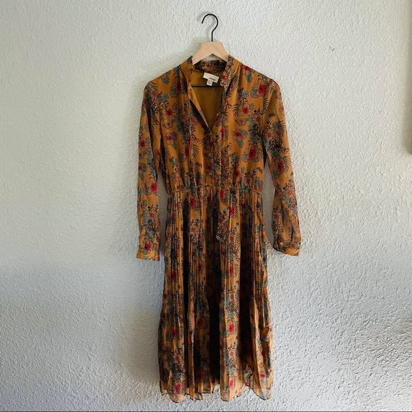 The Korner Dresses & Skirts - The Korner Tan/Mustard Floral Pleated Button Front Tie Neck Midi Dress